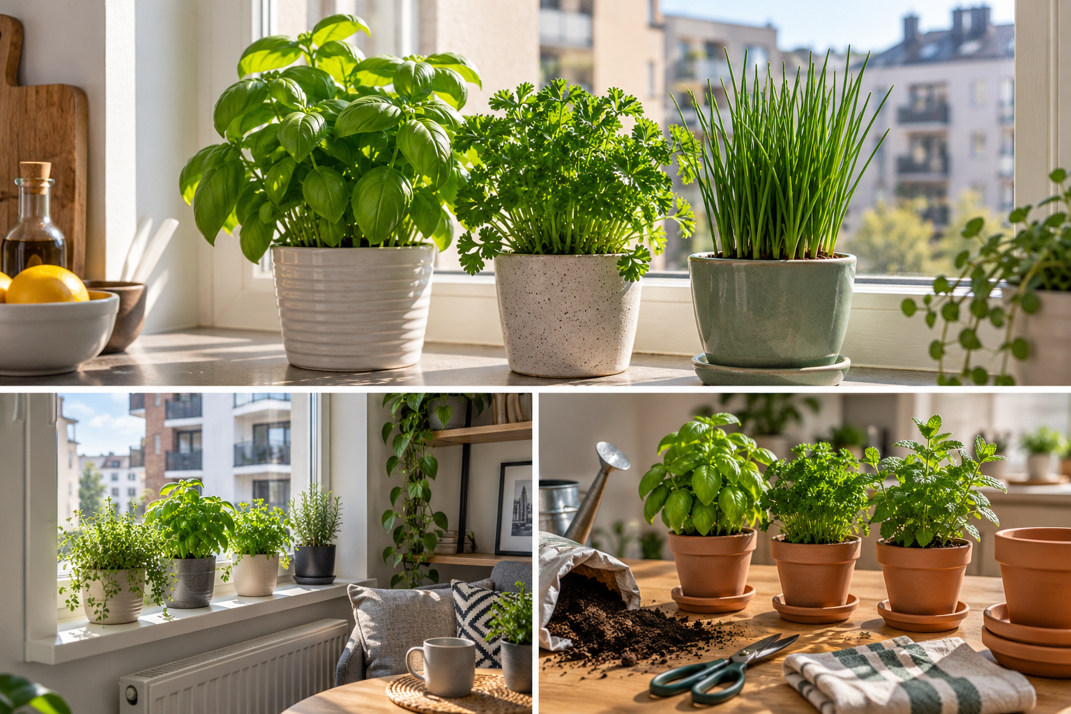 Apartment herb garden for beginners with herbs growing on a sunny windowsill Apartment herb garden for beginners with herbs growing on a sunny windowsill