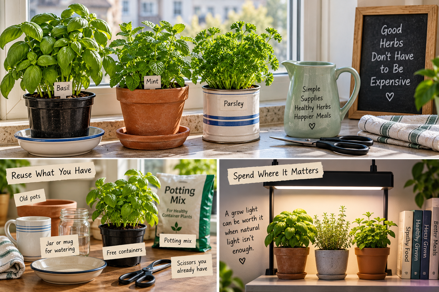 Budget indoor herb garden with simple pots, saucers and basic supplies Budget indoor herb garden with simple pots, saucers and basic supplies