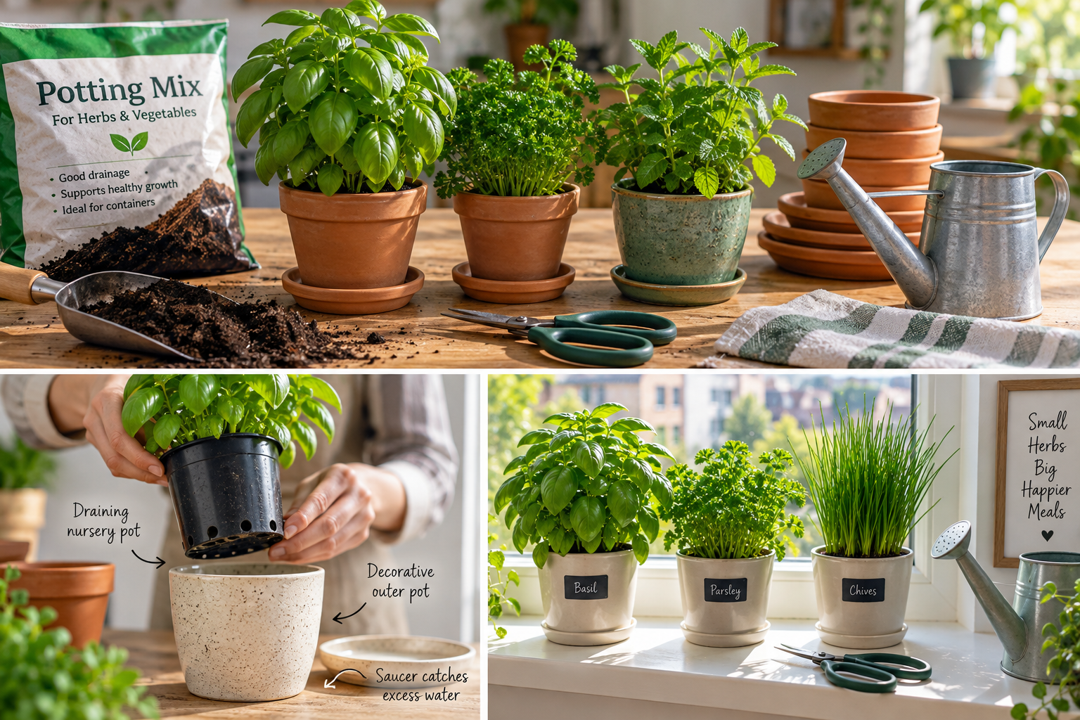 Essential supplies for herb growing indoors including pots, soil and herb plants