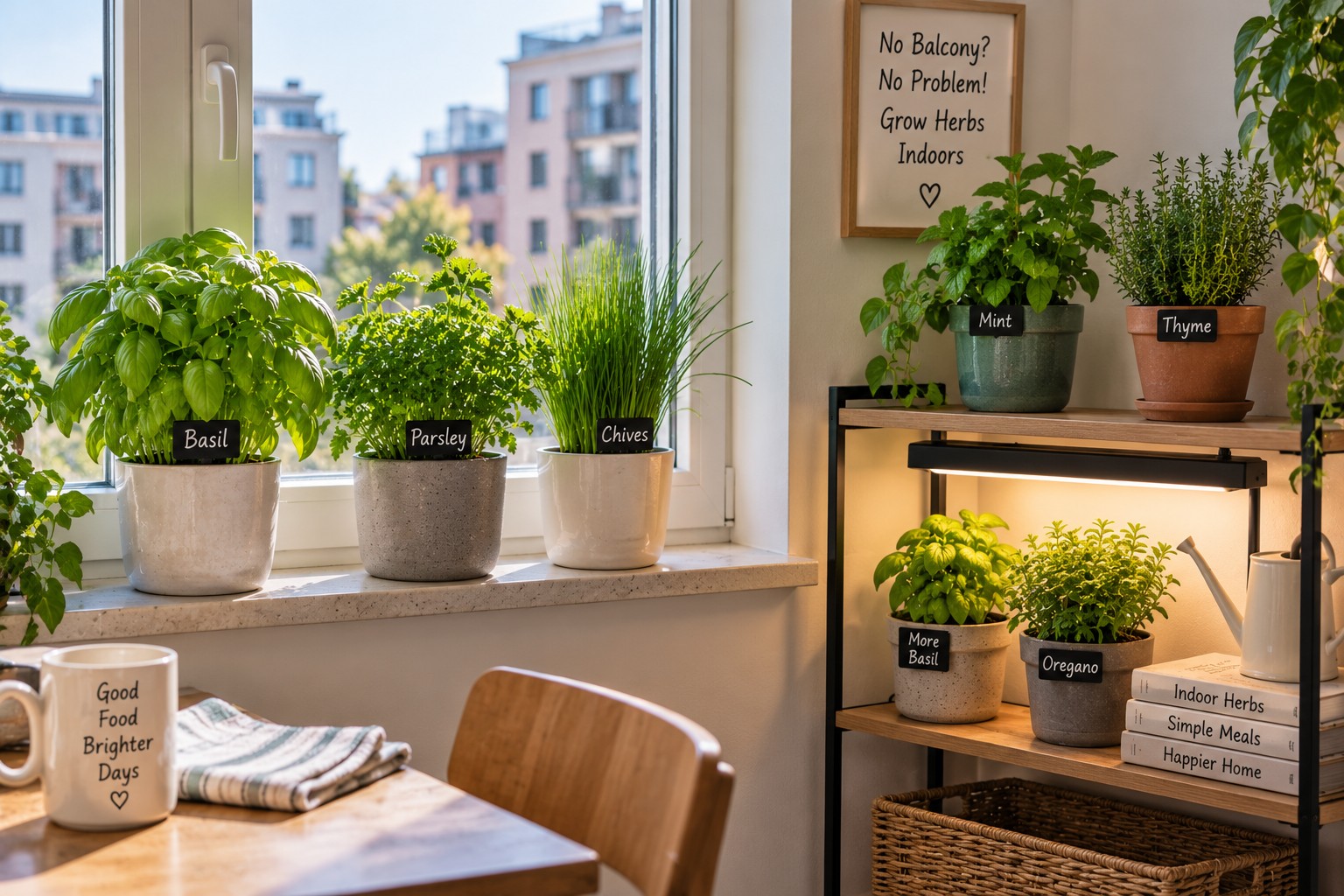 Small no-balcony herb garden growing indoors beside an apartment window Small no-balcony herb garden growing indoors beside an apartment window