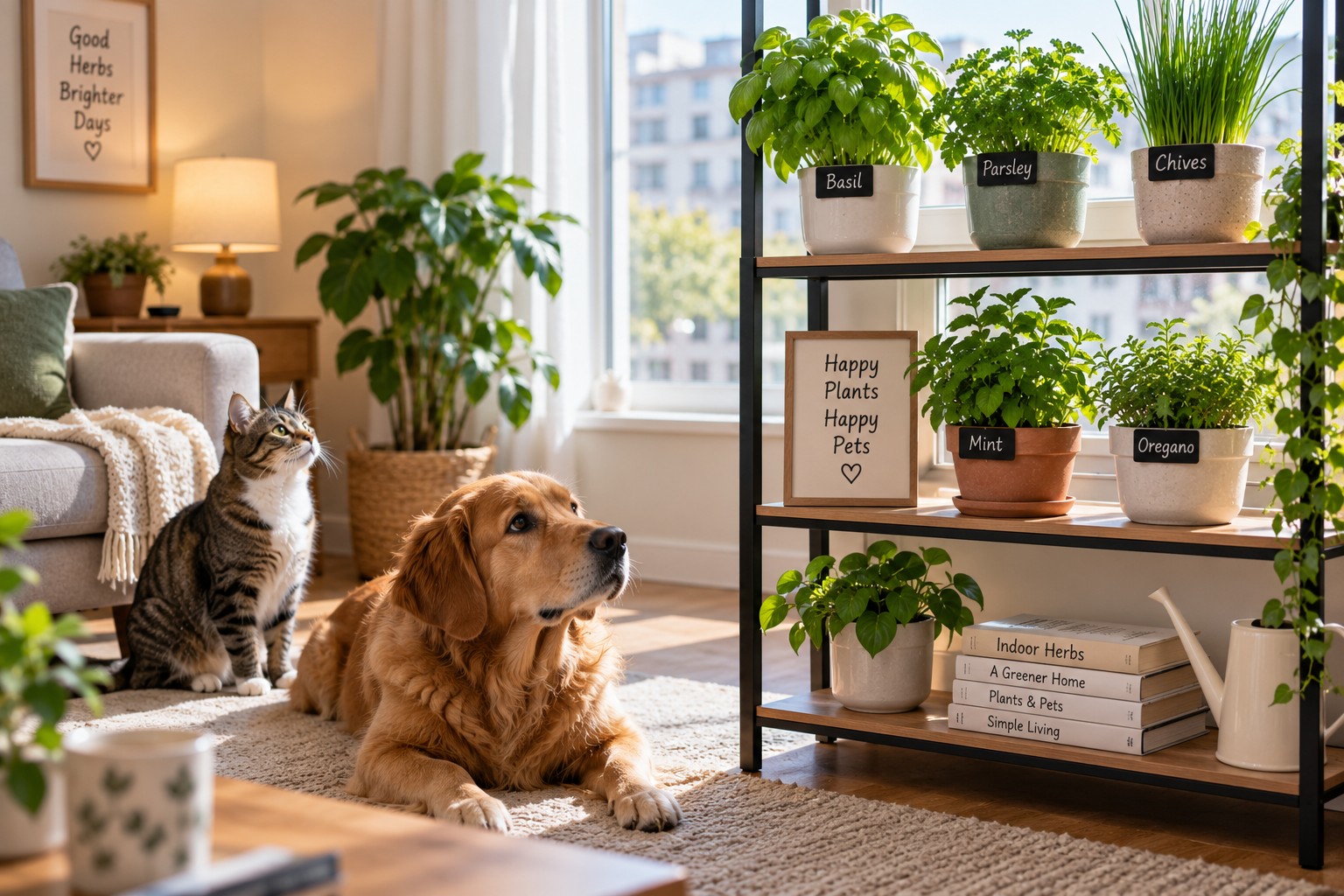 Indoor herb garden arranged safely in a home with a cat and dog Indoor herb garden arranged safely in a home with a cat and dog