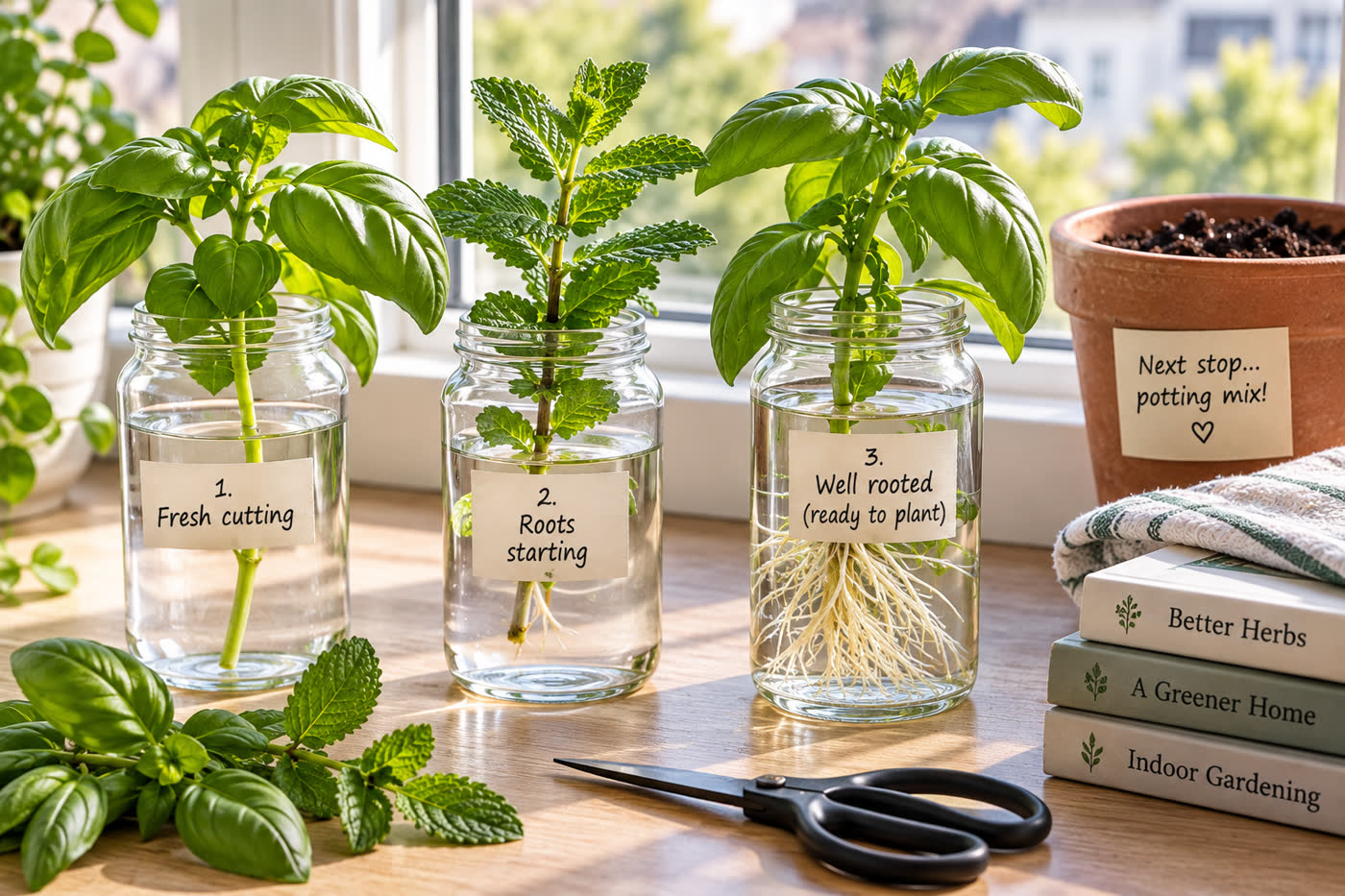 Herb cuttings developing roots in clear glasses of water on a windowsill