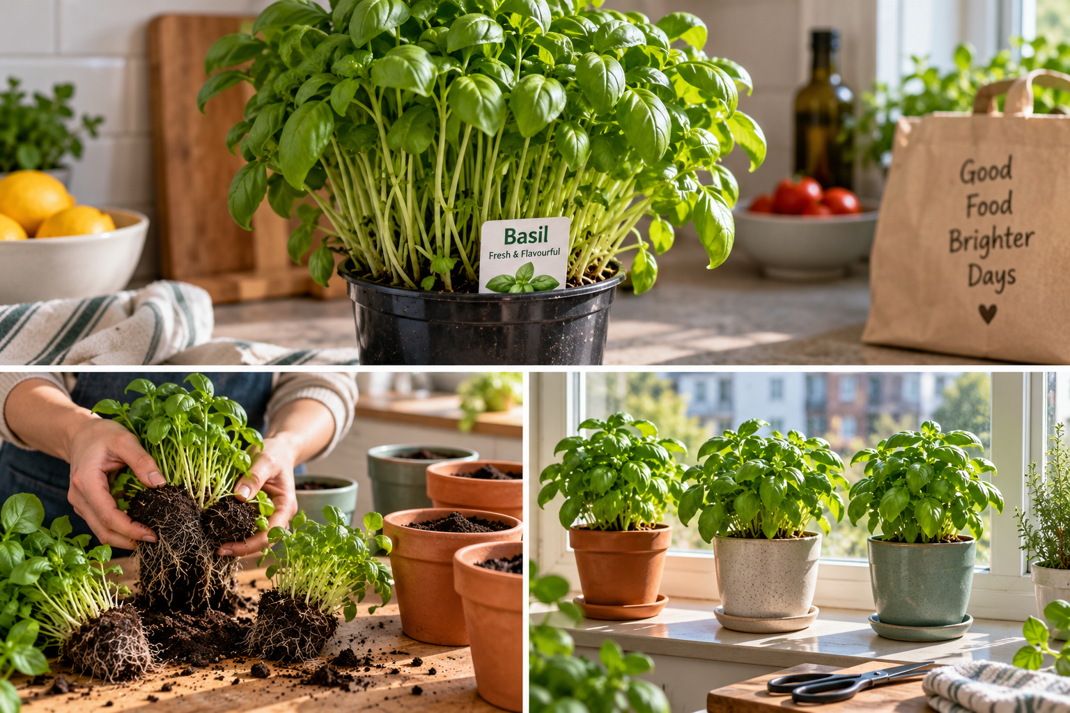 Crowded supermarket basil plant being divided and repotted into separate pots